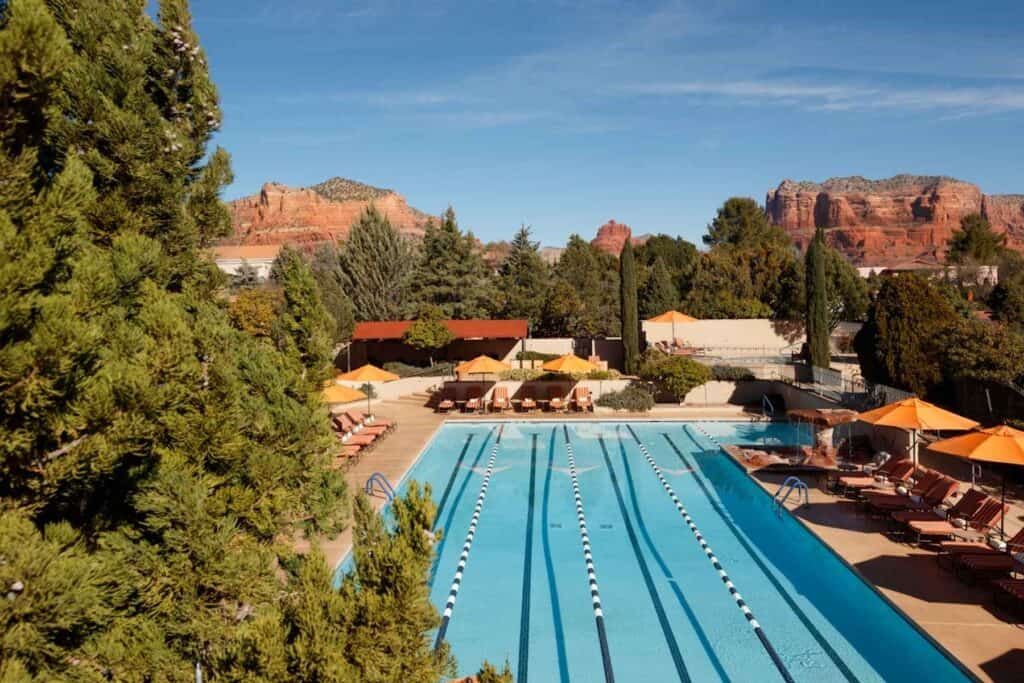 Adult lap pool at Hilton Sedona Resort at Bell Rock with red rock views in Sedona Arizona