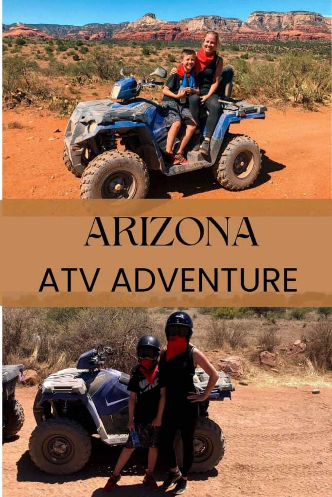 mom and son an a blue atv in top of slip picture with them standing in front with helmets on at the bottom with a sign stating arizona 