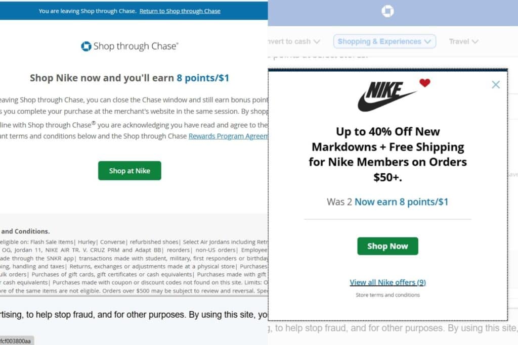 picture of selecting to shop at Nike through the Chase portal 