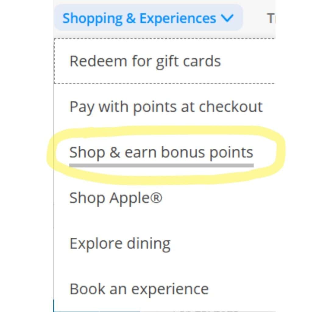 picture of a drop down menu with a highlighted word that says shop and earn