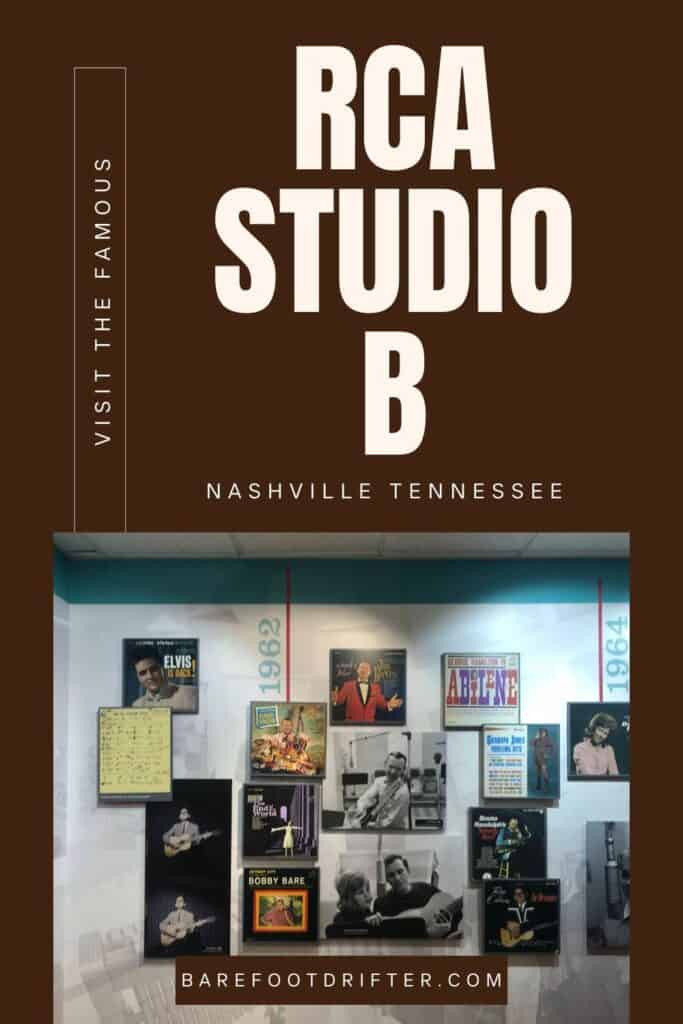 Pinterest pin featuring a brown background with white text, showcasing a timeline of Elvis Presley's career at RCA Studio B