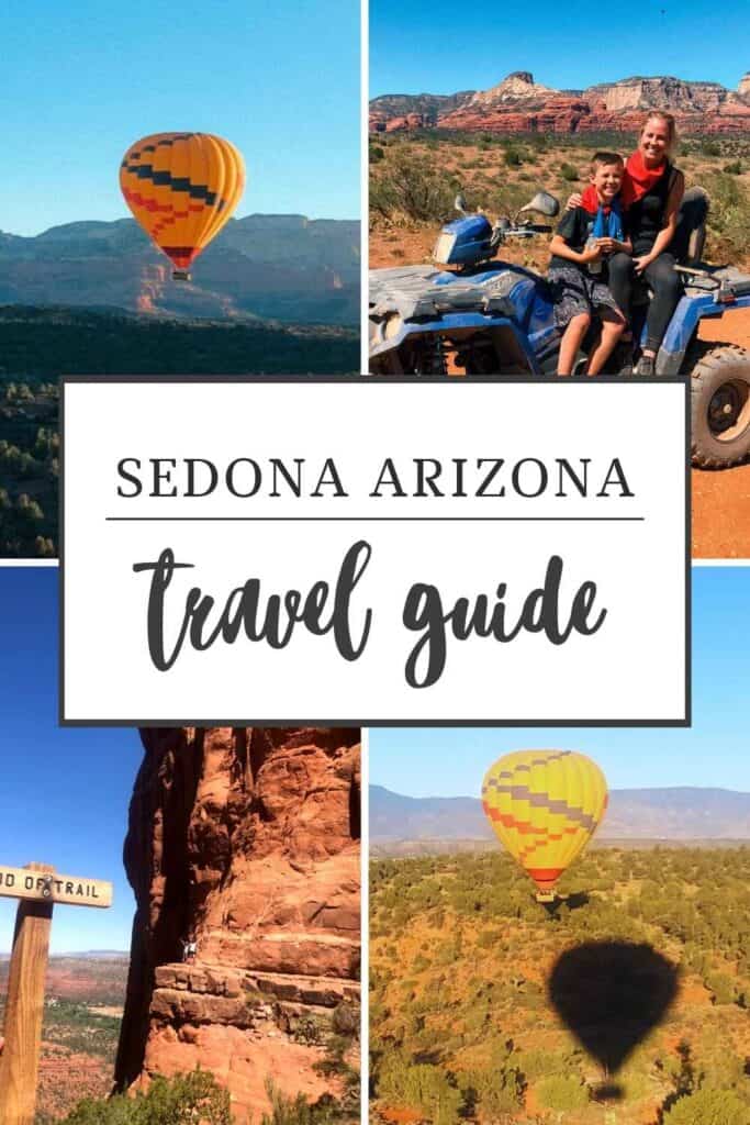 Pinterest graphic with four adventure photos from Sedona, Arizona, including a hot air balloon ride, ATV tour, Cathedral Rock hike, and a scenic desert view, with a text overlay reading "Sedona Arizona Travel Guide"