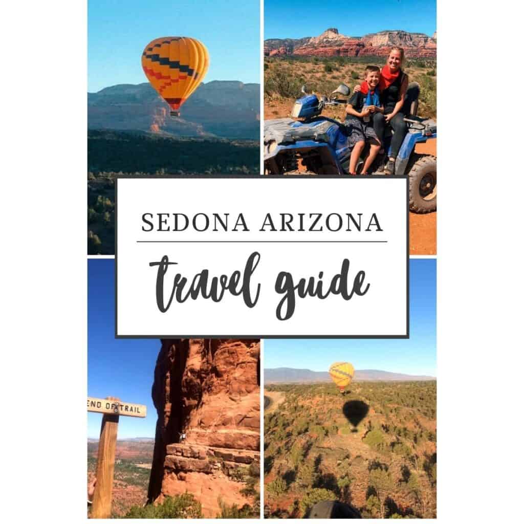 Pinterest graphic with four adventure photos from Sedona, Arizona, including a hot air balloon ride, ATV tour, Cathedral Rock hike, and a scenic desert view, with a text overlay reading "Sedona Arizona Travel Guide"