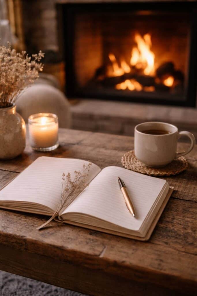 Open journal with pen on a wooden table in front of a cozy fireplace, creating a peaceful evening journaling scene