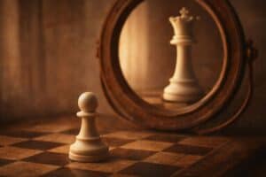 Chess pawn looking into a mirror reflecting a queen piece symbolizing personal growth, self-worth, and transformation