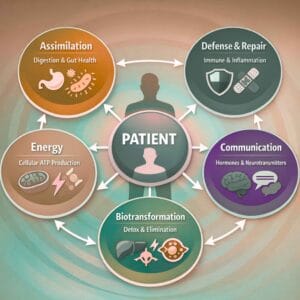 Functional Medicine Matrix diagram showing seven interconnected root-cause health systems including assimilation, defense repair, energy, biotransformation, transport, communication, and structural integrity surrounding the patient.
