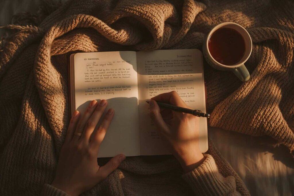 Person journaling in a notebook with a cup of tea and a cozy blanket, reflecting on intentional living and self-growth
