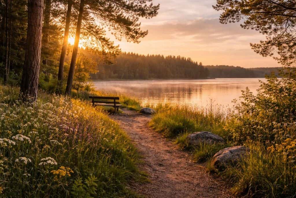 Peaceful nature path leading to a quiet lakeside bench at sunrise surrounded by wildflowers and soft golden light