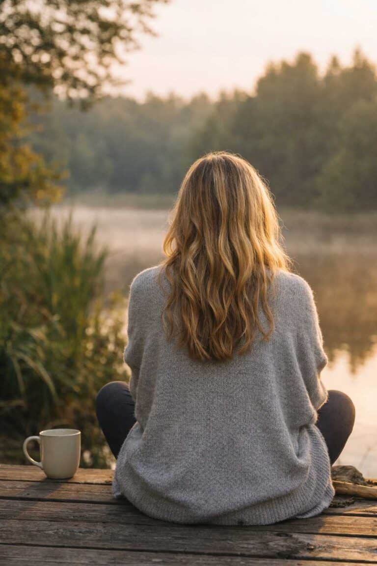 A woman sitting quietly outside at sunrise, seen from behind, reflecting peacefully by a calm lake.