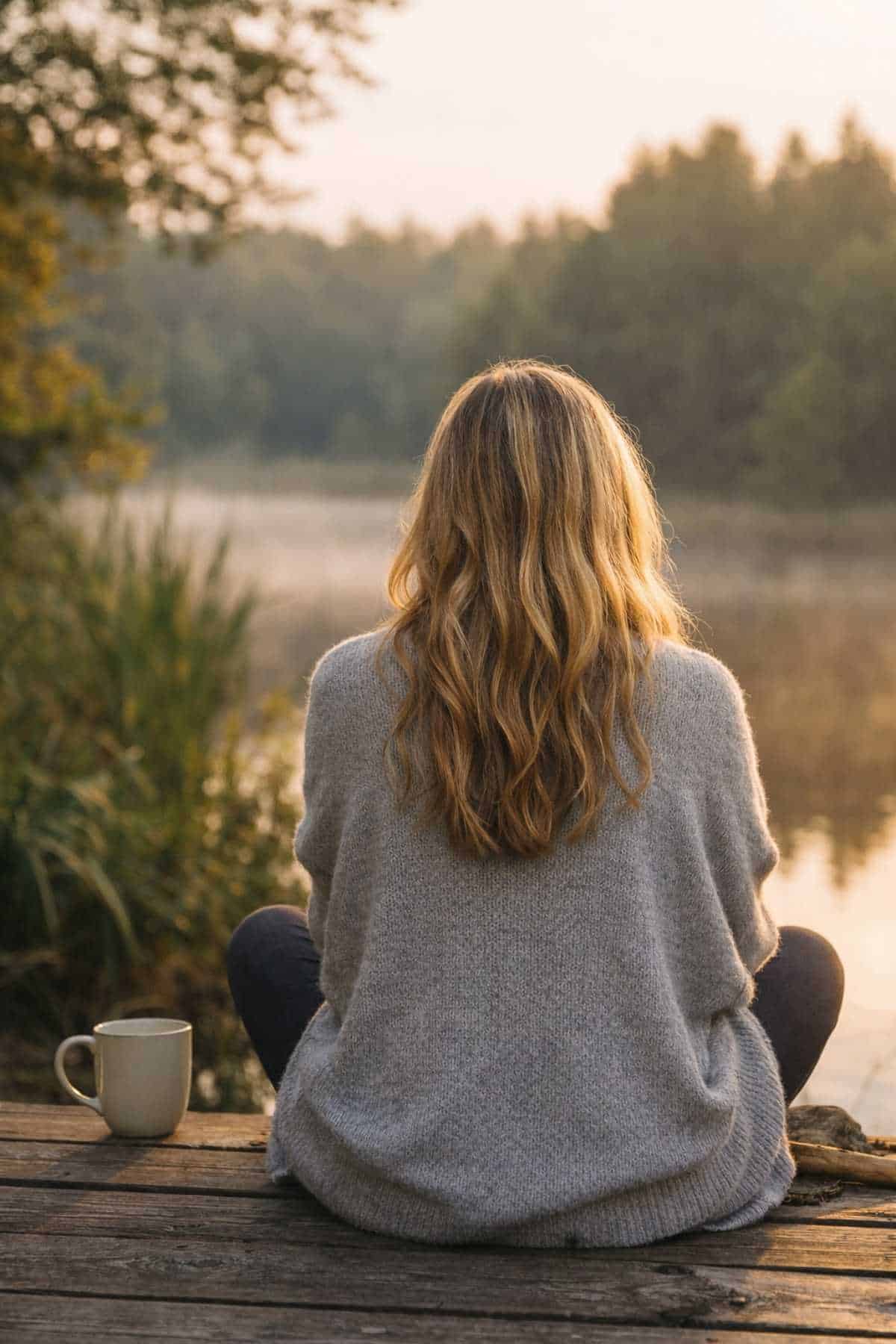 A woman sitting quietly outside at sunrise, seen from behind, reflecting peacefully by a calm lake.