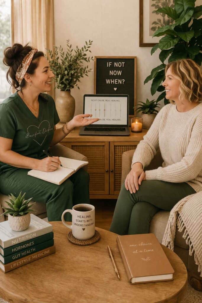 functional medicine health coach meeting with client in a warm natural living room