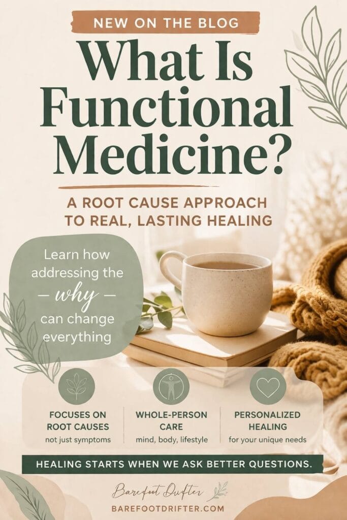 Functional medicine health coach root cause approach to healing infographic explaining whole-person health and symptom patterns