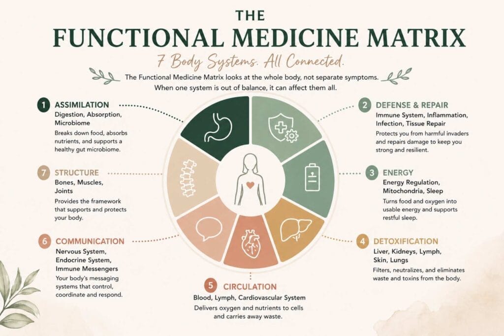 Functional Medicine Matrix infographic showing seven connected body systems including digestion, immune health, energy, detoxification, circulation, communication, and structural integrity.