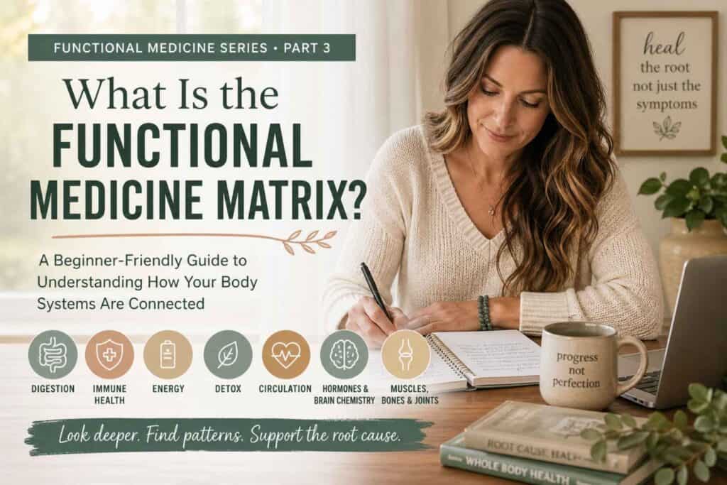 Functional Medicine Matrix infographic showing seven connected body systems including digestion, immune health, energy, detoxification, circulation, communication, and structure.