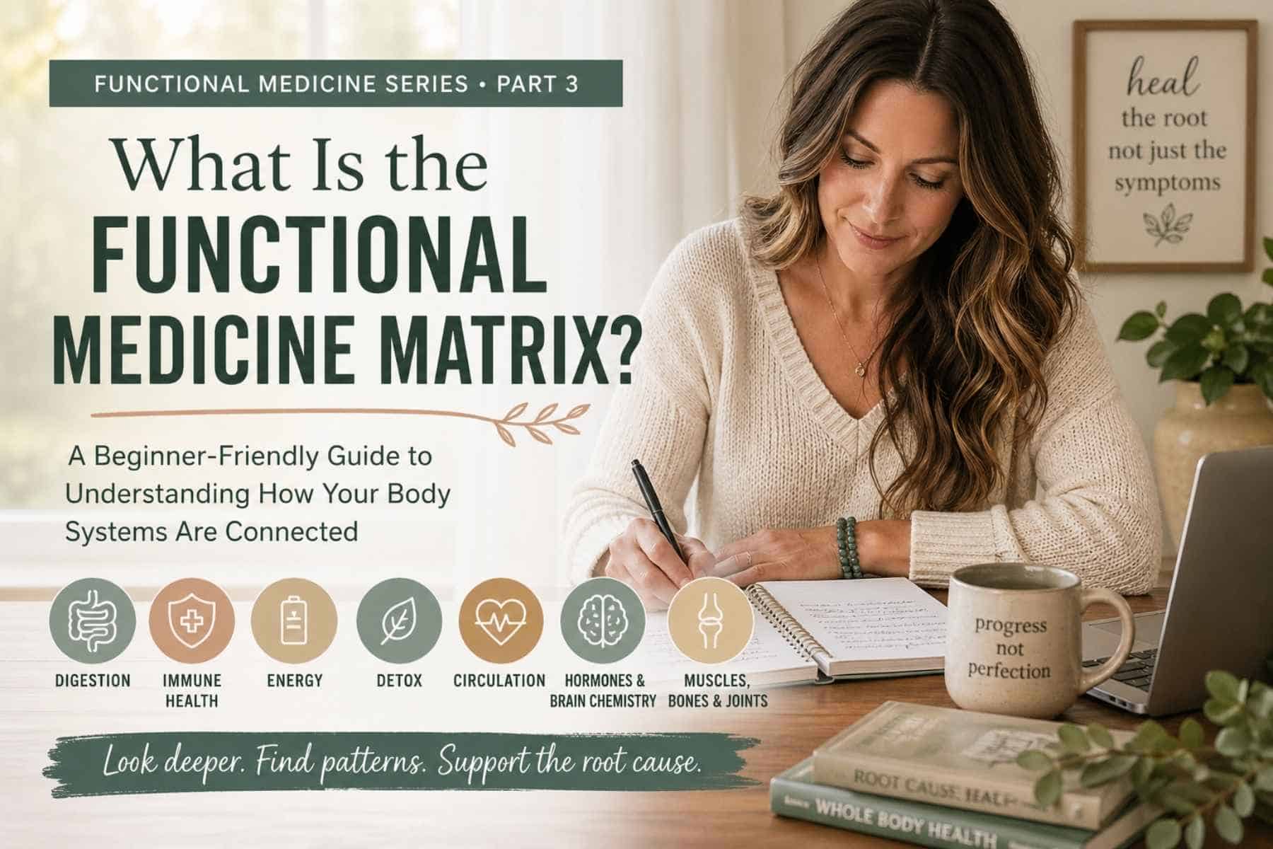 Functional Medicine Matrix infographic showing seven connected body systems including digestion, immune health, energy, detoxification, circulation, communication, and structure.