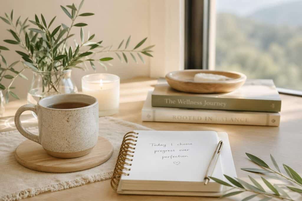 calm wellness workspace with journal tea candle and natural light for functional medicine systems biology post