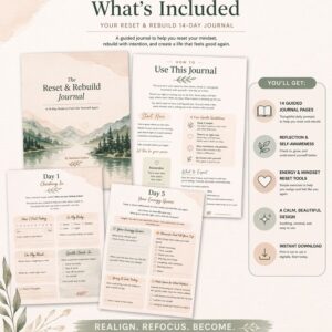 Preview of the Reset & Rebuild 14-day journal showing the cover, sample daily pages, how-to page, and a list of what is included in the printable journal
