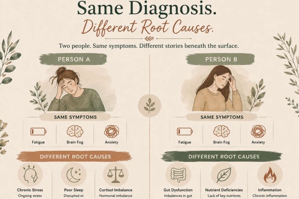 Functional medicine infographic showing how two people with the same symptoms can have completely different root causes beneath the surface.