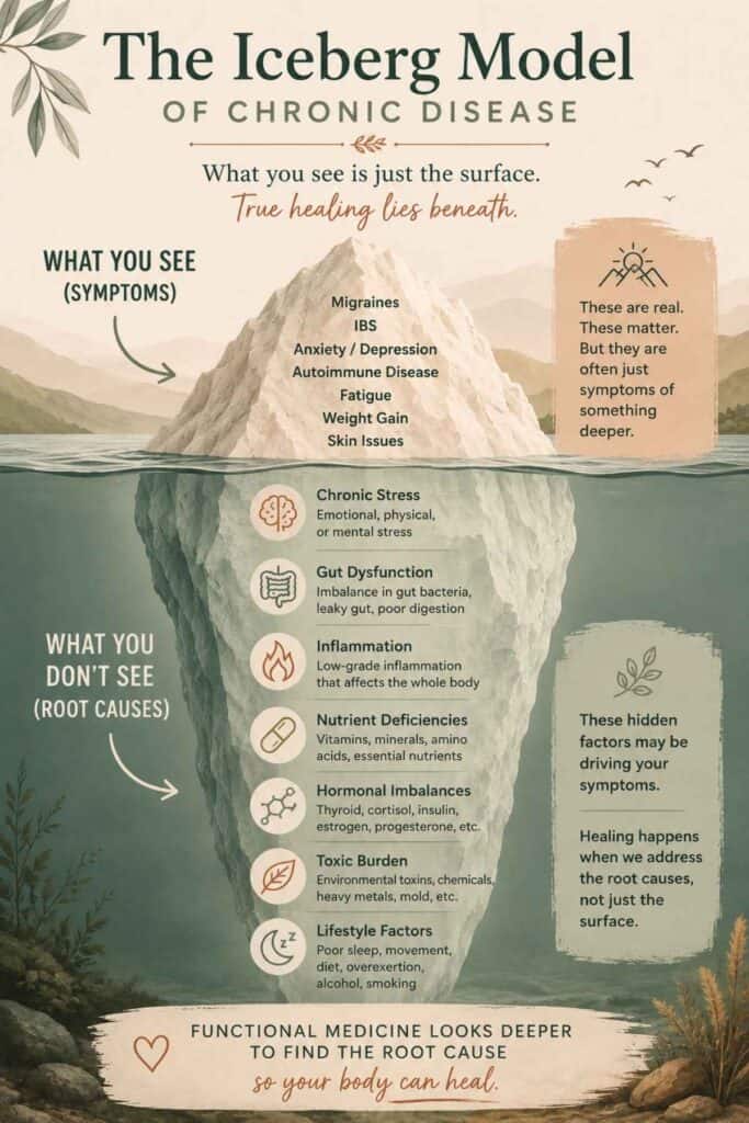 Iceberg model of chronic disease infographic showing visible symptoms above the surface and root causes beneath the surface using functional medicine concepts.