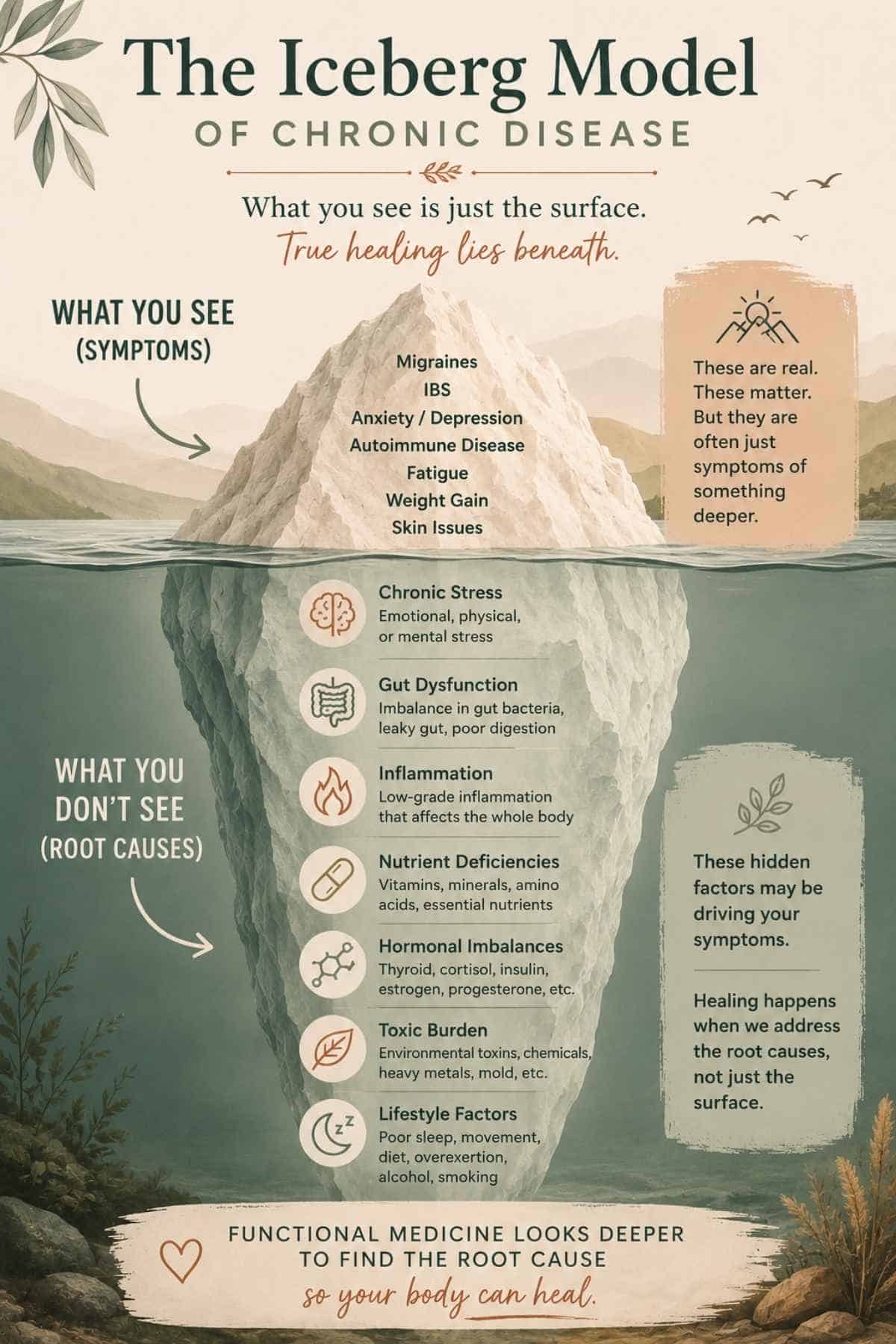 Iceberg model of chronic disease infographic showing visible symptoms above the surface and root causes beneath the surface using functional medicine concepts.